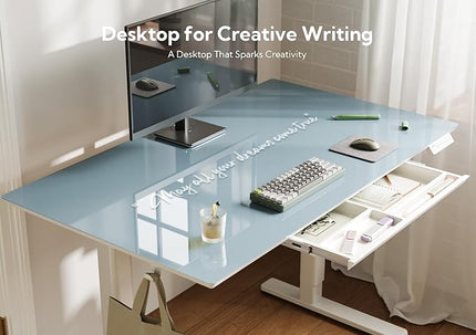 INNOVAR Glass Standing Desk with Drawers, Adjustable Height Electric Stand Up Desk, Small Standing Desks with Storage, 40 inch, Morandi Blue