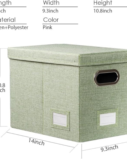 PRANDOM File Organizer Box - Set of 1 Collapsible Decorative Linen Filing Storage Hanging File Folders with Lids Office Cabinet Letter Size Green (14x9.3x10.8 inch)