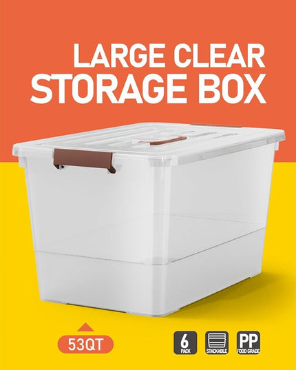 53 quart Clear Plastic Storage Bin with Lids and Latch Buckle, Tote Organizing Box Stackable and Nestable, Set of 6