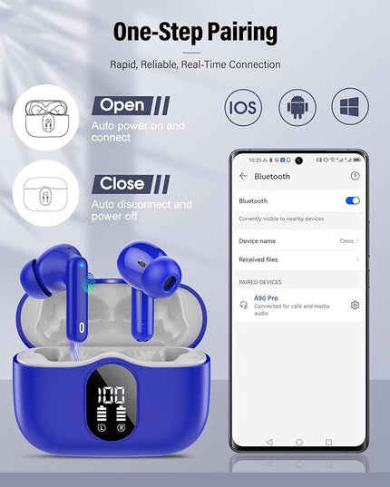 Wireless Earbuds, Bluetooth 5.4 Headphones Bass Stereo, Ear Buds with Noise Cancelling Mic, LED Display in Ear Earphones Clear Calls, IP7 Waterproof Bluetooth Earbuds for Laptop/Phones/Sports, Blue