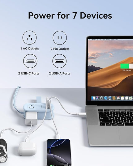 ORICO 65W GaN Travel Power Strip with 7-in-1 Charging Ports (3 AC Outlets/2 USB-A/2 USB-C), Flat Plug and 4FT Extension Cord, Fast Charger for MacBook Pro/Air, iPad Pro, iPhone 17/16/15- AP3