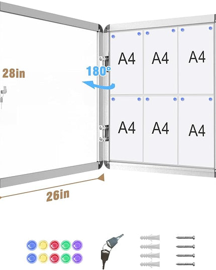 Mifuro 28"x26" Enclosed Bulletin Board, Lockable Weather-Resistant Aluminum Noticeboard for School & Office, Silver Frame w/Magentic Whiteboard