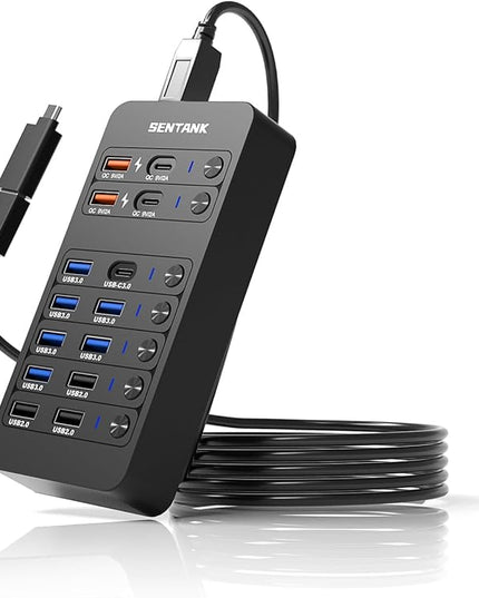 Powered USB Hub,14 Ports USB Data Hub Splitter with 6 USB 3.0 Port,4 Charging Port,1 USB-C 3.0 Data Port,1 PD 60W Charging Port w LED Individual On/Off Switches for MacBook,Mac Pro,Laptop/PC