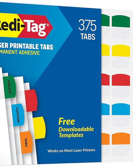 Redi-Tag Laser Printable Tabs, Permanent Index Tabs, Customizable Adhesive Labels, Assorted Primary Colors, 1.125" x 1.25", 375 Per Pack (1006556)
