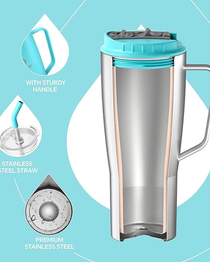 Ideus 32 oz Tumbler with Handle and Straw, Vacuum Insulated Stainless Steel Travel Mug, 100% Leakproof, Cup Holder Friendly, Sky Blue