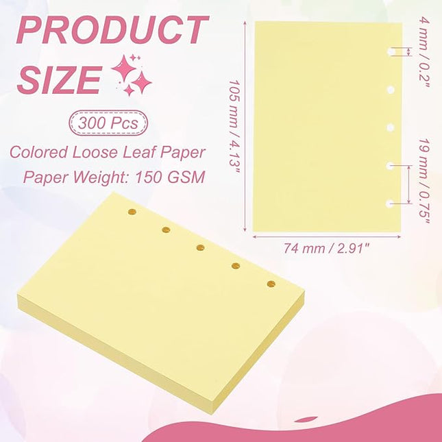 PATIKIL Colored Loose Leaf Paper, 4.1" x 3"(A8) 300 Sheets 5 Holes Punched 150GSM Blank Binder Refill Paper Supplies for Office Note Taking Teacher Planner Journal Notebook, Light Yellow