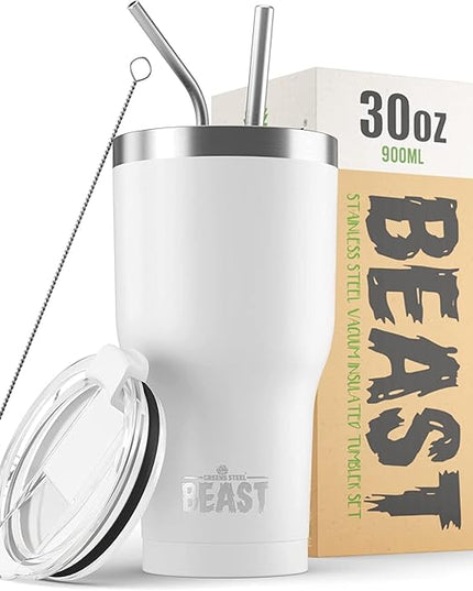 BEAST Insulated Coffee Mug – 900 ml I Arctic White I Stainless Steel I Reusable, Insulated Cups I 2 Straws and Cleaning Brush, Double Walled Travel Coffee Thermos I Hot or Iced Coffee