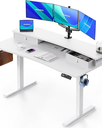 HUANUO 55″ x 26″ Electric Standing Desk with 2 Drawers, C-Clamp Mount Compatible, Height Adjustable Computer Desk, Home Office Stand Up Desk with 4 Preset Heights & 2 Hooks, White