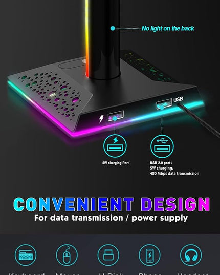 RGB Gaming Headphones Stand with 2 USB Ports Headset Stand with 10 Light Modes and Non-Slip Rubber, Suitable for All Earphone Accessories, Best Gift for Husband, Kids, Boyfriend