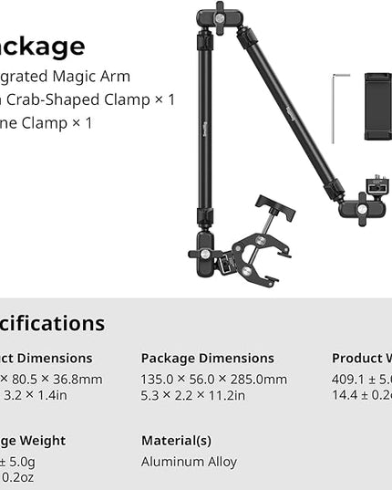 SmallRig 22.4" Magic Arm with Super Clamp, Overhead Phone Mount, Flexible Desk Camera Mount with 1/4" Screw and Cable Clip, Max Load 2.2lb, for iPhone, Action Camera, Video Light, Webcam, Mic - 5625