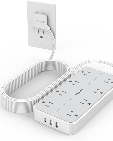 Flat Plug 15 FT Extension Cord, TESSAN Surge Protector Power Strip with 8 AC and 3 USB(1USB-C) Ports, 1080J Protection, Wall Mount Widely Spaced Charging Station for Home, Office, School, Dorm Room