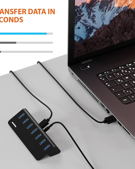 Achoro 7 Ports Powered USB HUB – 2nd Generation 10GB Super Speed External USB Port – USB 3.2 Aluminium USB Hub for Computer, Mac, PCs, Smartphone & Tablets – Computer Multiple USB Hub (Powered Black)
