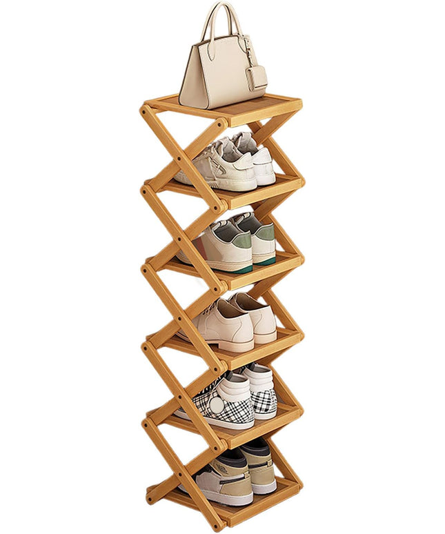 YYW Shoe Rack, Foldable Shoes Organizer Free Standing Shelf for Entryway, Closet, Hallway, Foldable X Shape Multi Tier Shoe Rack (Wood Color,6 Layers)