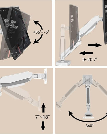 White 42 45 Premium Aluminum Heavy Duty Monitor Arm, Fits Ultrawide up to 49 inches and 44 lbs Single Desk Mount Stand, Pneumatic Height Adjustable, Max VESA 100x100, A9W