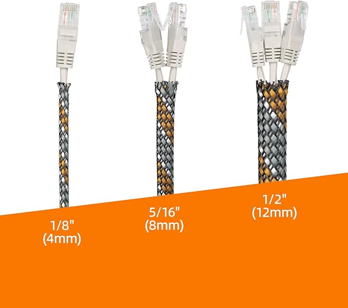 Braided Expandable Cable Sleeve, 25ft PP Cotton and PET Braided Cable Management, Flexible Mesh Wire Loom and Cable Protector for TV, Computer, Home Theater, Automotive (Orange White Grey, 1/2")
