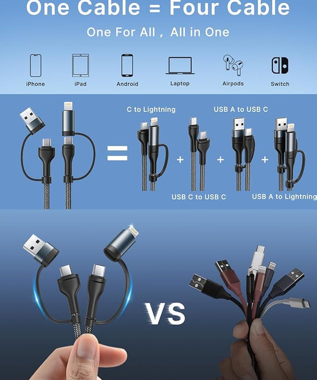 4 in 1 Charging Cable, USB C Lightning Adapter USB C to USB C 60W PD [Fast Charging & Data Sync] 4 in 1 Multi Charger for iPhone 16 15 14 13 12,MacBook Pro 2023 iPad mini 6/Pro,Samsung Galaxy S22 S21