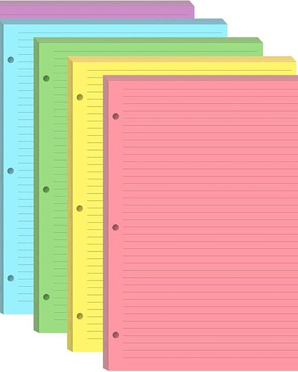 3 Hole Colorful Lined Paper - 100 Sheets/200 Pages Loose Leaf Paper Line Refills, Per Color 20 Sheets, 8.5" x 11"