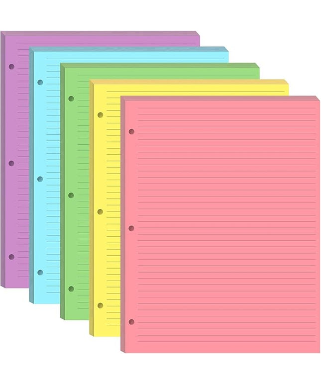3 Hole Colorful Lined Paper - 100 Sheets/200 Pages Loose Leaf Paper Line Refills, Per Color 20 Sheets, 8.5" x 11"