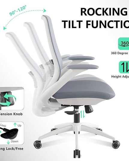Ergonomic Office Chair, High Back Mesh Desk Chair with Lumbar Support, 360° Swivel & Slide-Adjustable Arms, Tilt Lock and Recline, Breathable Task Chair for Home Office & Gaming (Grey)
