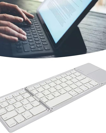 Wisoqu Foldable Keyboard with Touchpad, 3 Folding Wireless Keyboard 63 Keys 10m Connection USB Charging, for iOS for Laptop Tablet Smartphone (Silver White)