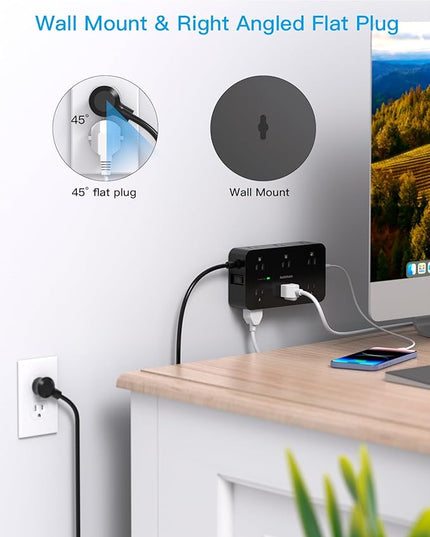 Black Flat Extension Cord 10 Ft, HANYCONY Power Strip Surge Protector with 12 Outlets 4 USB Ports(2 USB C), 1800J, Wall Mount, Desk Charging Station for Office Home College Dorm Room Essentials