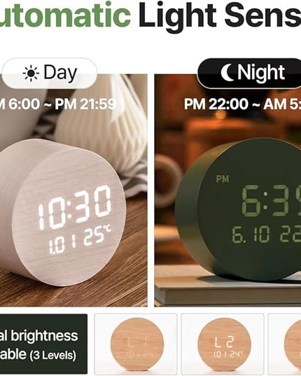 FLT Moonfall Wood Interior LED Desk Clock-Khaki (Designed in Korea)- Time, Date, Temperature Display, Customizable Alarms, Auto Brightness, Compact 3.46-Inch Size, USB Cable & Adapter Included
