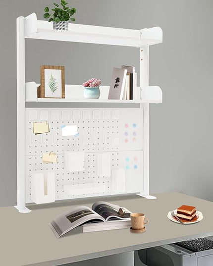 Clamp On Desk Organizer with Pegboard, 2-Tier Tabletop Shelf for Home & Office, Steel and MDF Construction with 44 lbs Capacity, White