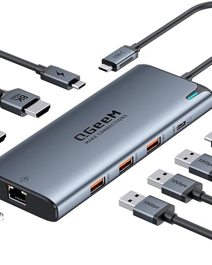 QGeeM USB C Hub,8 in 1 Extender Splitter with Single 8K,Dual 4K@60Hz HDMI,Multiport USB C to Ethernet Adapter for Type C Device,USB A 10Gbps Data,PD100W-M1/M2 only 1 Display
