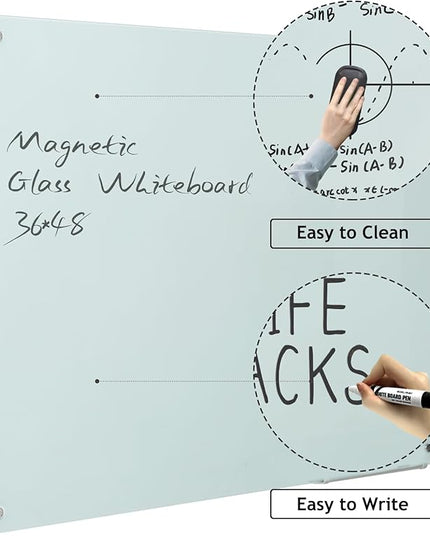 Magnetic Glass Dry Erase Board - White Board 48 x 96 Inch Wall Mounted Glass Whiteboard, Large Frameless White Board for Wall Office, Home & School,