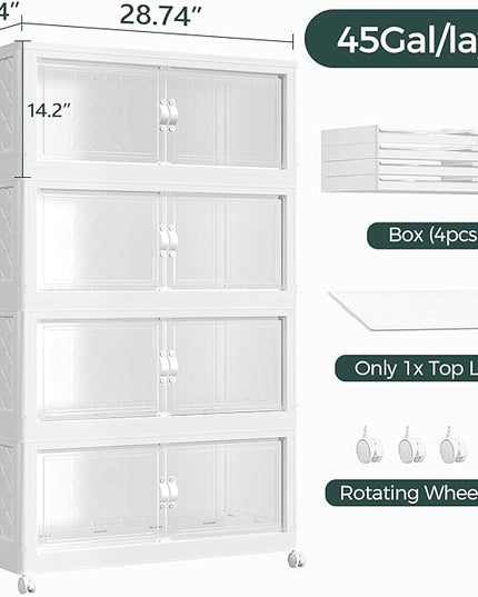 720QT Extra Large Stackable Storage Bins with Lid, 180Gal Collapsible Storage Box with Wheels and Doors, Plastic Closet Organizers and Storage Cabinet for Home Kitchen Office Dorm, 4Pack White