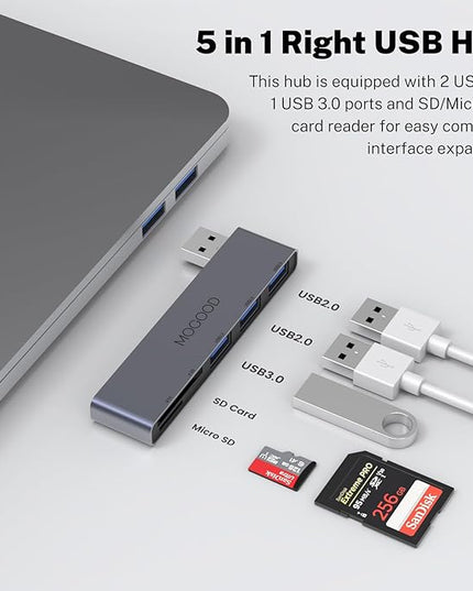 MOGOOD 5-Port USB Hub USB Splitter for Laptop USB 3.0 Dual Slot Flash Memory Card Reader for Camera USB Hub Multiport Adapter with 1USB 3.0 & 2USB 2.0,SD/TF Card Reader for Dell, Asus,HP,MacBook Air