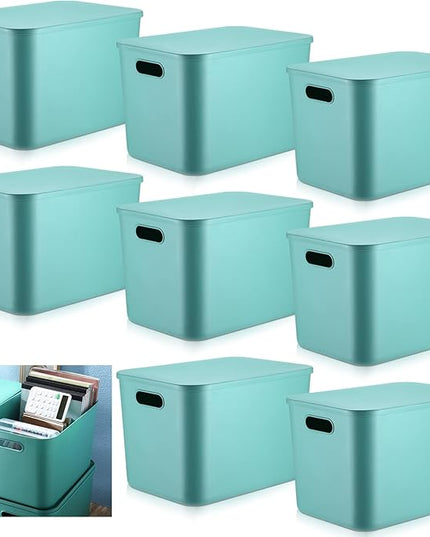 Hoolerry 8 Pieces Colorful Storage Bins with Lid, Plastic Storage Basket Organizing Container Stackable Box with Handle for Shelves Desktop Playroom Office(14.2 x 10.2 x 9.5 Inch,Green)