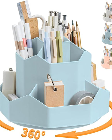 Pencil Pen Holder for Desk,9 Slots 360 Degree Rotating Desk Organizers,Desktop Storage Stationery Supplies Organizer, Cute Pencil Cup Pot For Office, School, Home(Blue)
