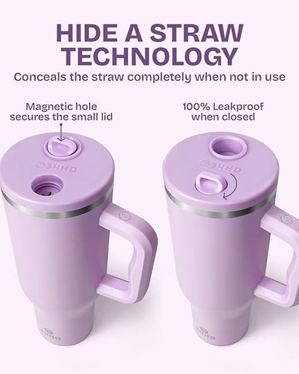 34HD 40 oz Stainless Steel Tumbler - Leakproof Insulated Water Bottle with Handle, Magnetic Lid and Flexible Straw - Iced for 48 Hours – Perfect for Men, Women, Birthday Gift, Purple - Lilac Bloom