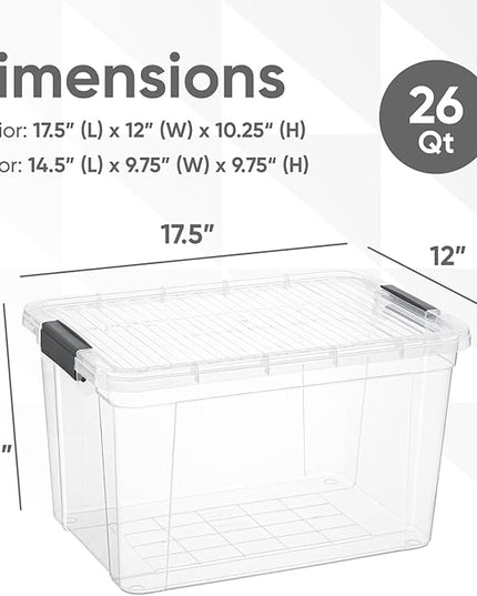 Superio Clear Storage Boxes with Lids, 26 Quart Plastic Container Bins for Organizing, Stackable Crates, BPA Free, Non Toxic, Odor Free, Organizers for Home, Office and Dorm, 8 Pack