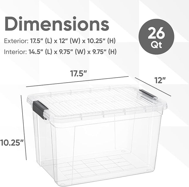 Superio Clear Storage Boxes with Lids, 26 Quart Plastic Container Bins for Organizing, Stackable Crates, BPA Free, Non Toxic, Odor Free, Organizers for Home, Office and Dorm, 8 Pack