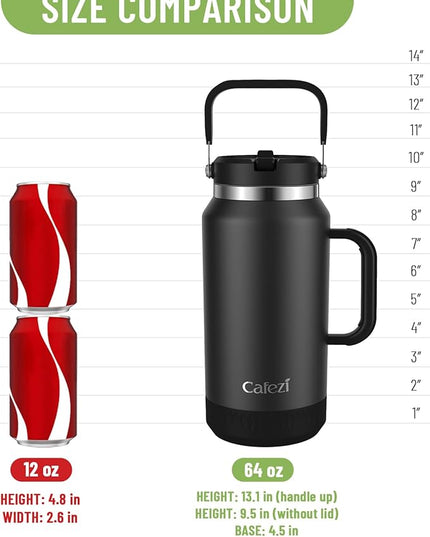 64 oz Leak-Proof Insulated Tumbler with Flip Straw Lid - Sweat-Free, Top and Side Handle, Anti-Slip Silicone Base, Iced for 34 Hours - Water Jug for Hiking, Fitness, Office, Travel, Home