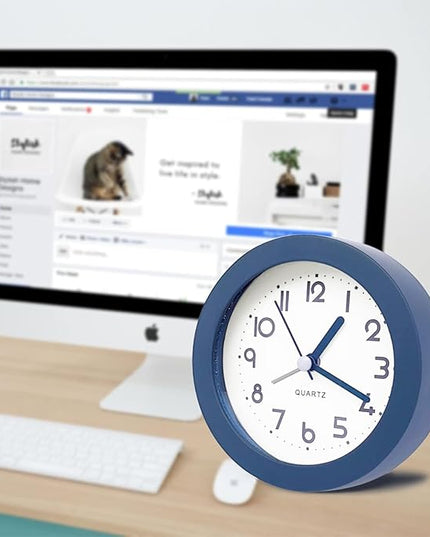 Alarm Clock with Backlight, 4.5 Inches Cute Analog Round Digital Quartz Clock, Non Ticking, Battery Operated ,Frosted Texture, Simply Design for Living Room, Bedroom ,Bedside, Desk Decorative (Blue)