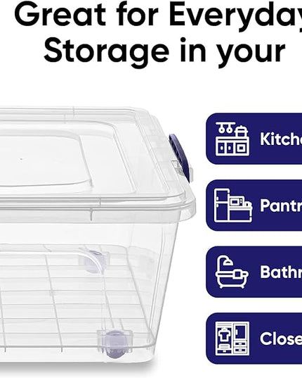 Superio Storage Bins with Lids- Clear Boxes for Organizing, Stackable Plastic Containers- BPA Free, Non-Toxic, Odor Free, Organizer for Home, Office, Dorm (8 Pack, 42 Qt (Under Bed-Wheeled))