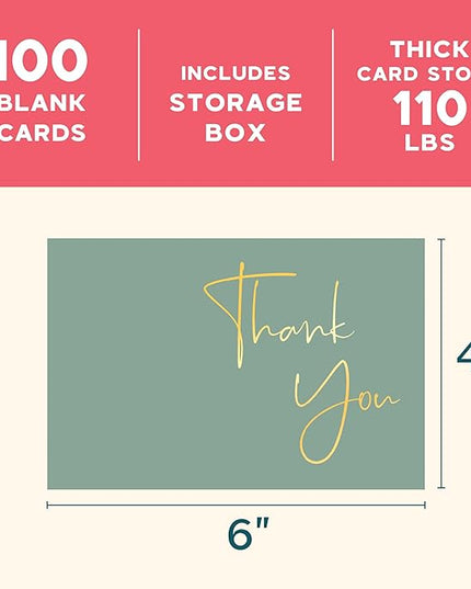 VNS Creations Gold Foil Thank You Cards With Envelopes Bulk Set & Stickers - 100 Pack 4x6 Blank Thank You Notes - Large Note Card Small Business, Wedding, Baby Shower & Bridal Shower - Granite Green
