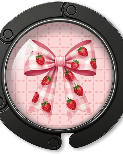 YAZMEEN Pink Bow Foldable Purse Hook for Table, Strawberry Bow, Women's Handbag Hanger Holder, Portable Purse Table Hanger, Funny Desk Hook Gifts for Women Mom Wife Sister Friend Bestie Colleague