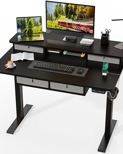 Kingant Standing Desk with Drawers & USB Charging Port, 48" x 30" Height Adjustable Home Office & Gaming Desk, Sit Stand Desk with Built-in Storage Shelf, Hook & Ergonomic Design(Classic Black)