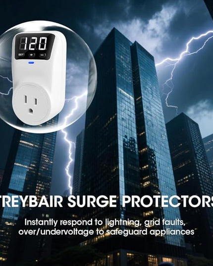 Smart Surge Protector Voltage Stabilizer Fireproof UL94V-1 Wall Mount Surge Protector Outlet for Refrigerator, TV & Heavy-Duty Appliances w/Real-Time Monitoring & Custom Voltage 80V-140V