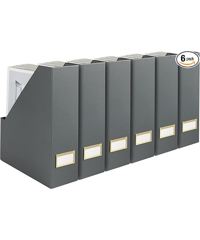 BLU MONACO | Set of 6 Foldable Grey Magazine File Holders with Gold Label Holders | Vertical File Organizer Boxes for Desk, Bookshelf & Home Office Storage