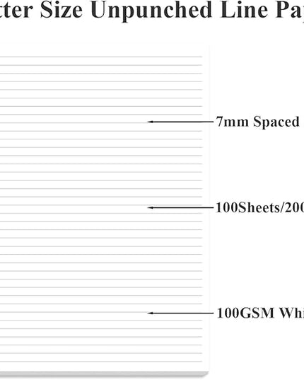 Unpunched Line Paper - 100 Sheets/200 Pages Loose Leaf Paper Line Refills, Letter Size, 100gsm, White, 8.5" x 11"