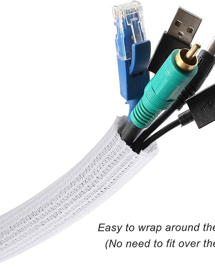 CrocSee 25ft - 3/8 inch Braided Cable Management Sleeve Cord Protector - Self-Wrapping Split Wire Loom for TV/Computer/Home Theater/Engine Bay - White