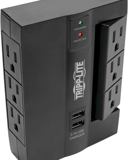 TRIPP LITE 6 Outlet Surge Protector Power Strip, 3 Rotatable Outlets, Wall Tap/Direct Plug in, 1200 Joules, 2 USB Charging Ports, Limited Warranty & $20, 000 Insurance (SWIVEL6USB), Black