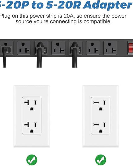 20 Amp Power Strip Heavy Duty, 12 Gauge Extension Cord for Appliance Workbench Garage Industrial, Metal 8 Outlets Combine with T-Plug Adapter 5-20R T-Slot, 1200J Surge Protector