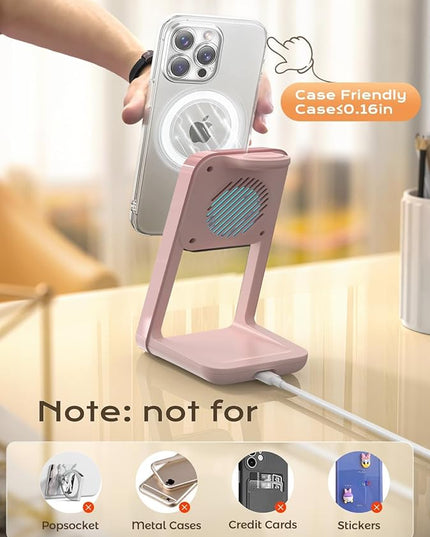 3 in 1 Charging Station for iPhone, Magsafe Wireless Charger with Cooling Fan for iPhone 17 16e 16 15 14 13 12 Series & Apple Watch Charger, Wireless Charging Station for AirPods 4/3/Pro (Pink)