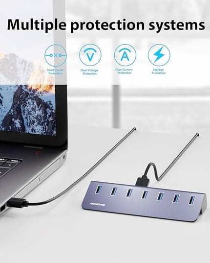 Achoro 7 Ports Powered USB HUB – 2nd Generation 10GB Super Speed External Ports – USB 3.2 Aluminium USB for Computer, Mac, PCs, Smartphone & Tablets – Computer Multiple USB A & C Hub